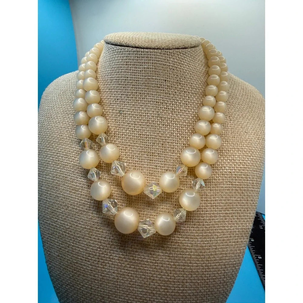 Vintage Double Strand Moonstone Necklace Cream AB Crystal 16 Inch Mid‎ Century